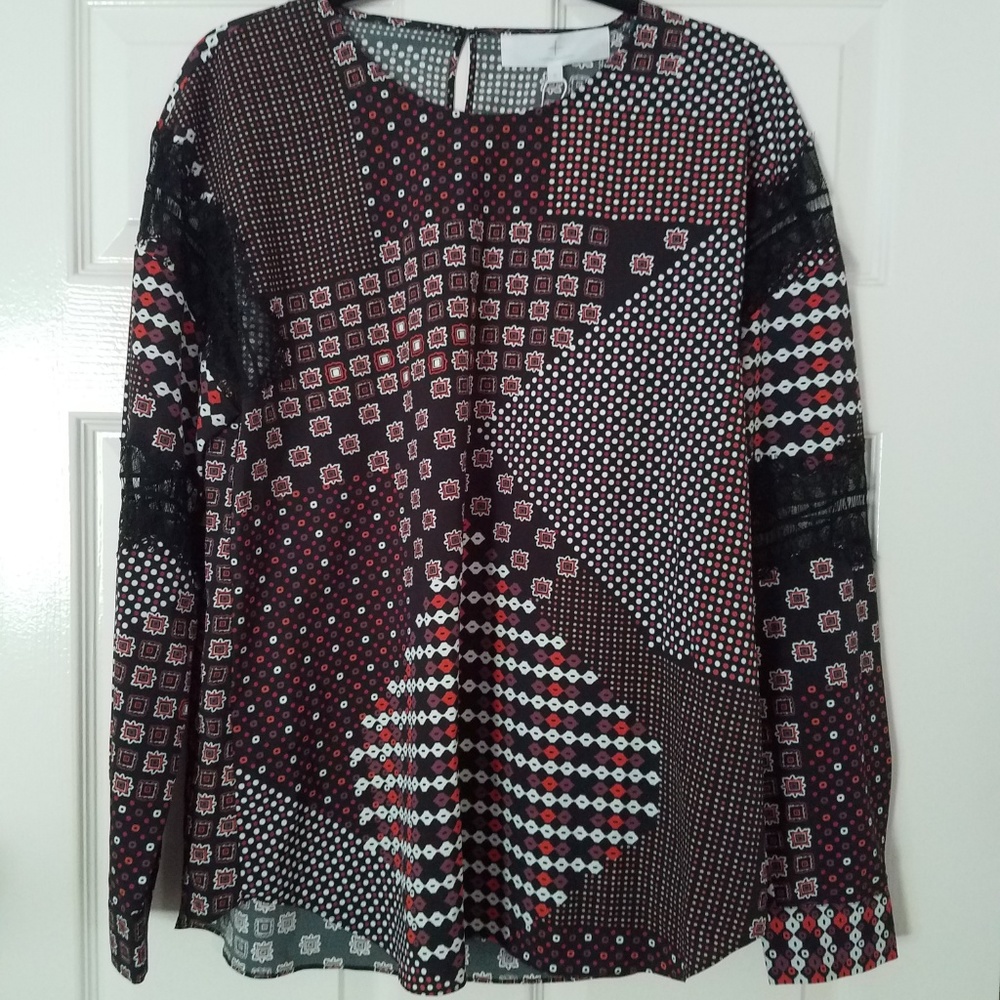 Thakoon Addition Red Geometric & Black Lace Blouse